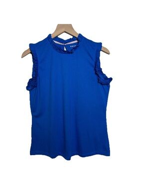 Boden Womens Royal Blue Sleeveless Top Blouse Ruffle Neck Sz 10 Vacation Office